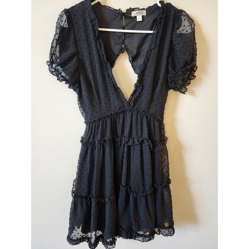 Justice Swiss Dot Mini Ruffled Dress Junior's Size Large Black